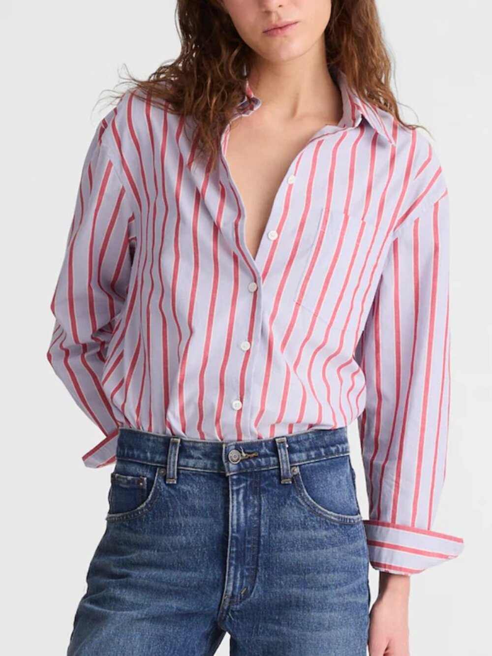 Madewell Easy Lightweight Cotton Poplin Button Up Shirt Blue Red Stripes M NWT